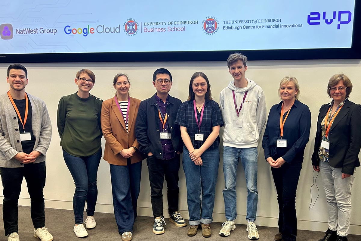 Hackathon judges: Ashley Clifford, Head of Early Talent, NWG; Emma Wong, Customer Analytics AI Hub Lead, NWG; Tallie Blanshard, Software Engineer, Google (UoE Alumna – School of Informatics 2022); Ben Miles, Site Reliability Engineer, Google; Dr Zexun Chen, Lecturer in Predictive Analytics, UEBS; Dr Victor Medina-Olivares, Lecturer in Business Analytics, UEBS